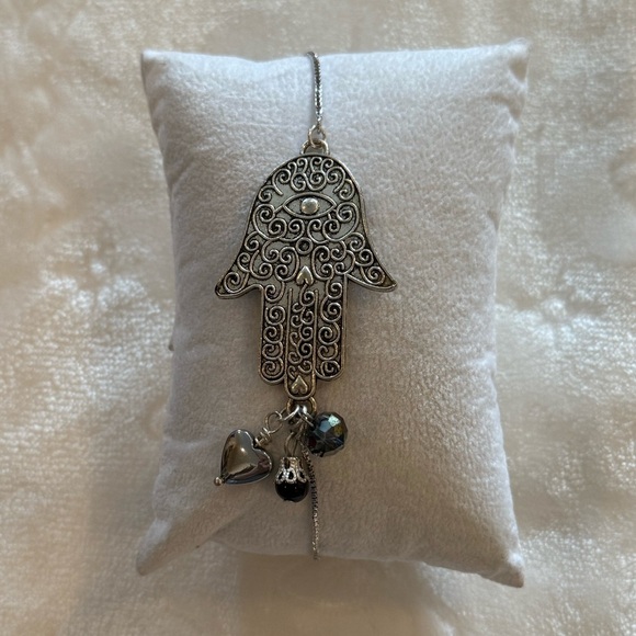 Adjustable Silver Hamsa Bracelet W/ Wrapped Charms – Filigree Protection Jewelry - Picture 2 of 7
